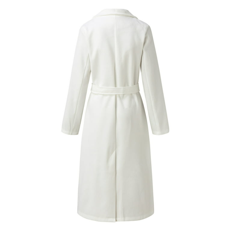 MRULIC winter coats for women Women's Wool Coat Blouse Thin Coat Trench  Long Jacket Ladies Slim Long Belt Elegant Overcoat Outwear White + L