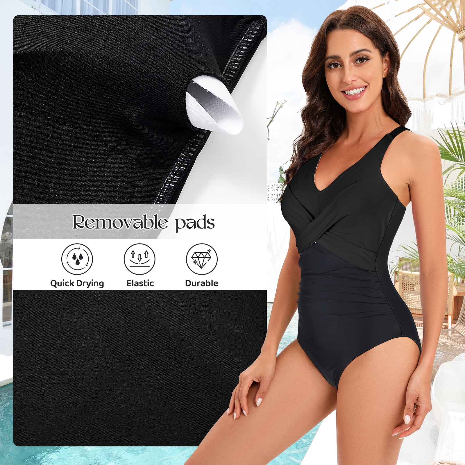 Zando One Piece Swimsuits for Women Plus Size Tummy Control V Neck Bathing Suit Ruched Slimming Swimwear Black 3XL