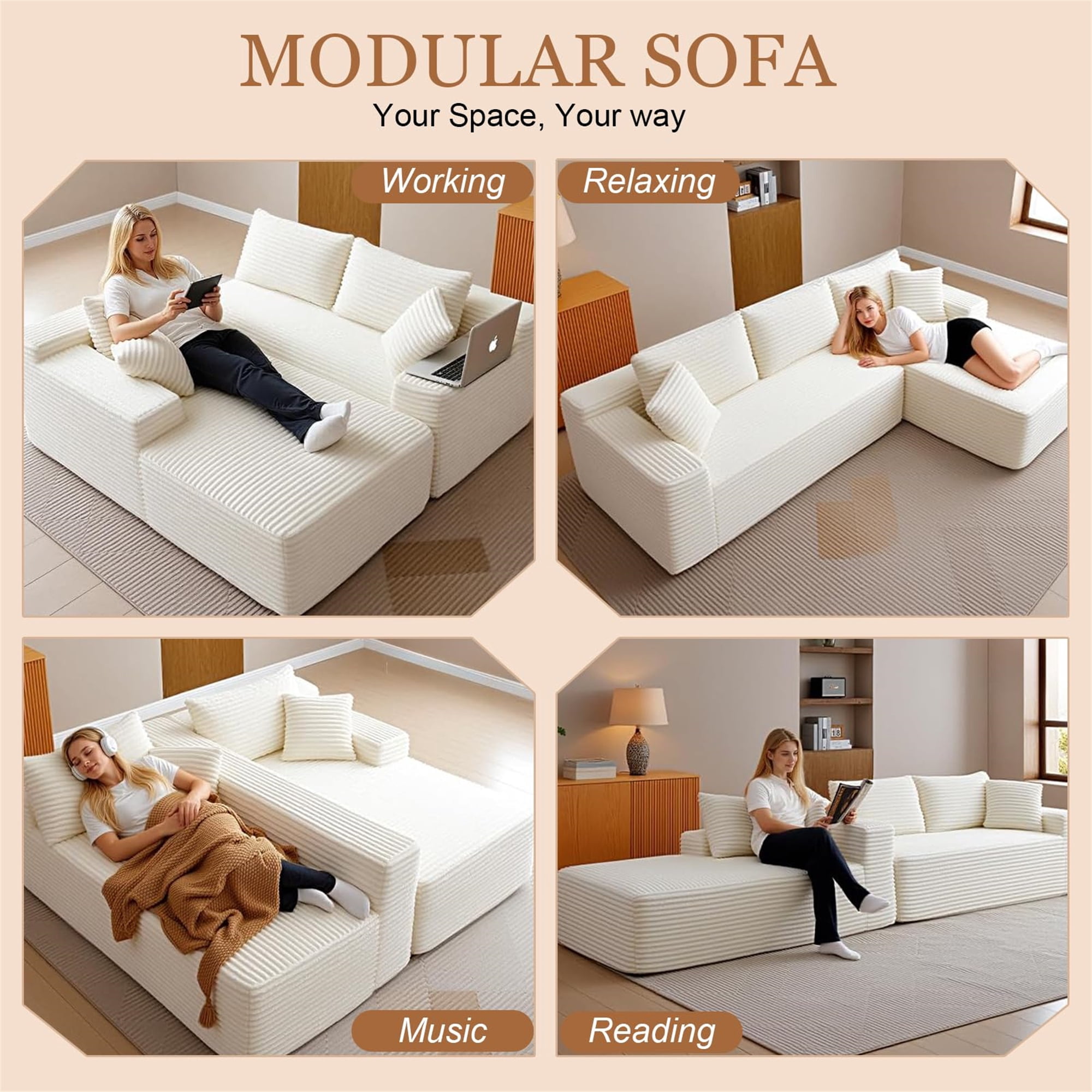Aukfa 105" Cloud Sectional Sofa Boneless Couch Modular Sofa Bed for Living Room, 2Pillows, Left Chiase, Corduroy, Beige