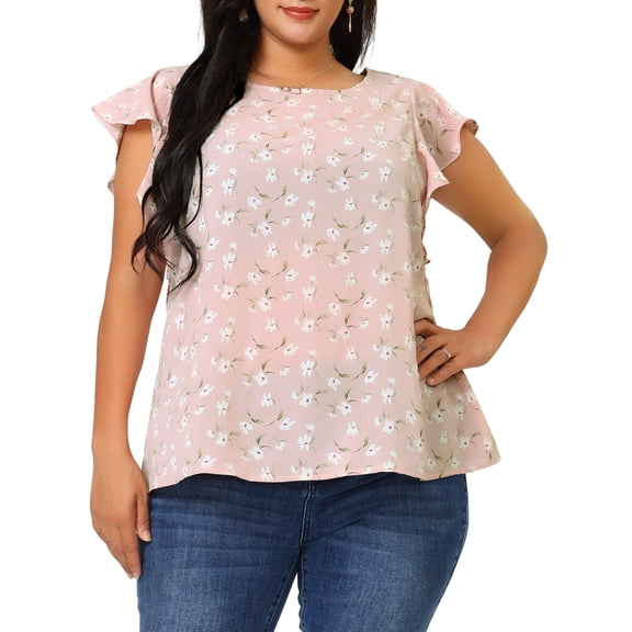 Unique Bargains Women's Plus Blouse Floral Tie Waist Flare Sleeve Top 1X Pink