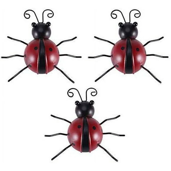 LAICAIW Garden Ornaments, 3 Pcs Iron Ladybug, Cute Ladybugs Metal Wall Art, 3D Outdoor Wall Decor for Farmhouse, Porch, Patio, Lawn, Fence, Backyard (Ladybug)