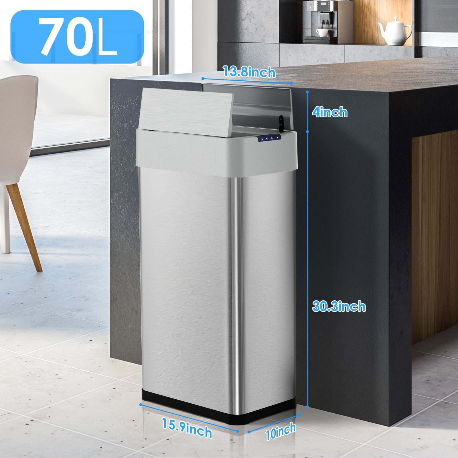 Arlopu 18.5 Gallon Automatic Kitchen Trash Can, Wings Open Lid Motion Sensor Garbage Can Stainless Steel Wastebasket for Bathroom, Living Room