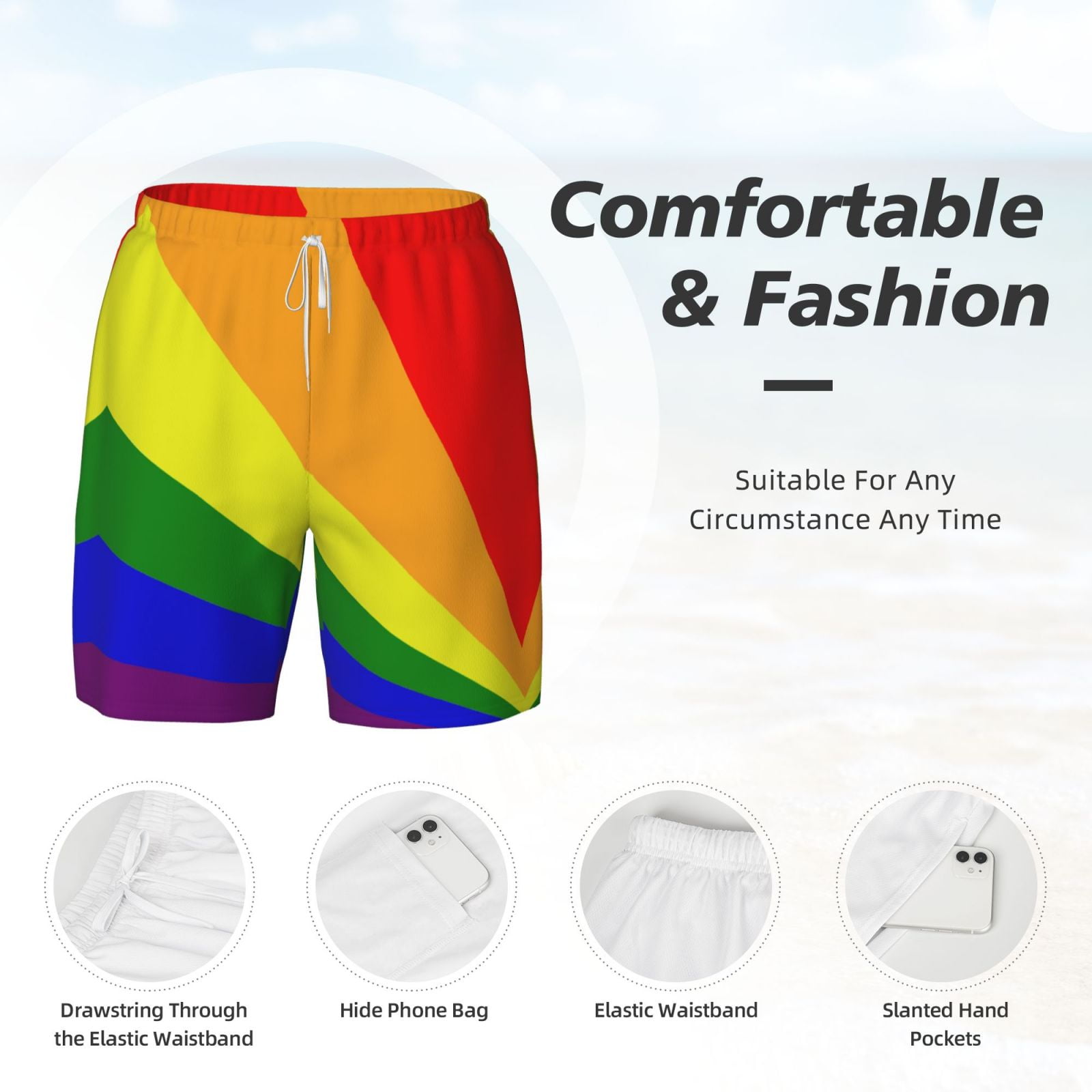 Men's Lgbt Pride Rainbow Flag Swim Trunks with Compression Liner Bathing Suit Swimwear