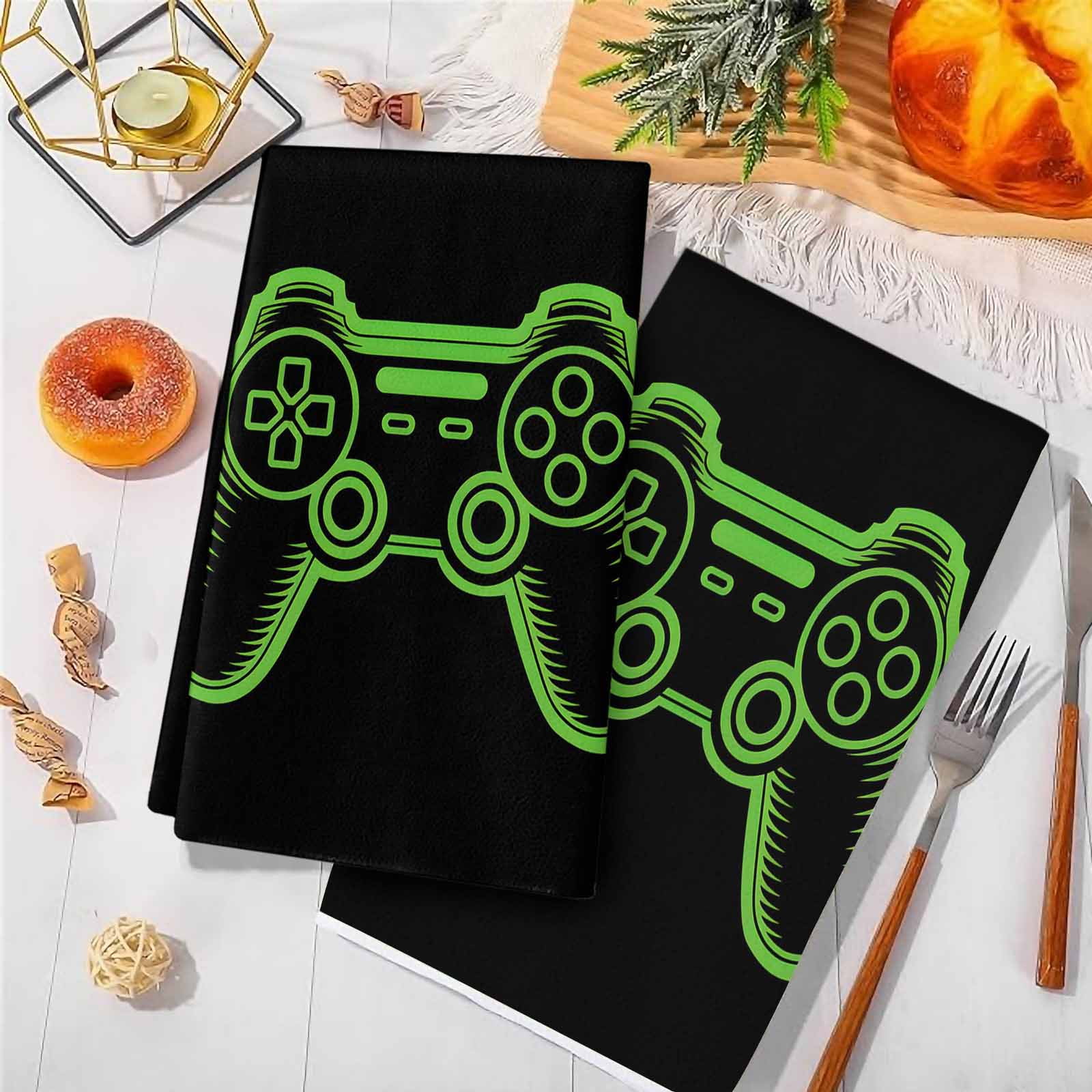 Green Game Controller Kitchen Towels Set of 4, Modern Art Gaming Handheld Black Soft Microfiber Dish Towels, Absorbent Quick-Dry Washable Dishcloths for Kitchen Cleaning, Drying Dishes, 18x28 Inches