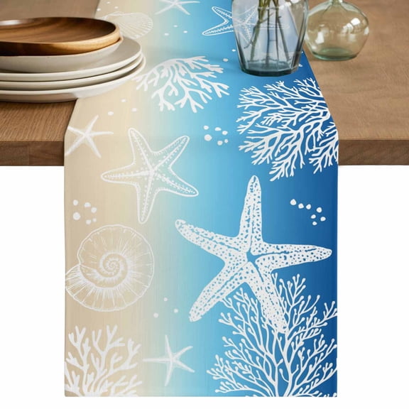 Blue Beige Ombre Coastal Table Runner 108 Inches, Nautical Beach Starfish Coral Summer Bed Runner Dresser Scarves Tabletop for Indoor Outdoor Parties/Ceremony/Banquet, 13"x 108"