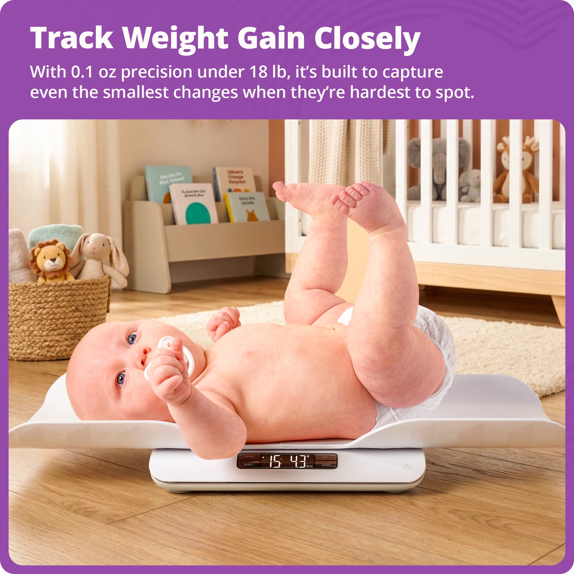 Greater Goods Digital Baby Scale with Bluetooth App, Smart Infant & Toddler Weight Scale, Motion Stabilization for Wiggly Babies