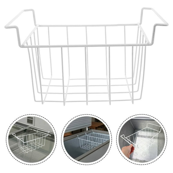 OUNONA White Multipurpose Freezer Storage Rack with Hanging Basket for Kitchen Organization and Space Saving Universal Fit
