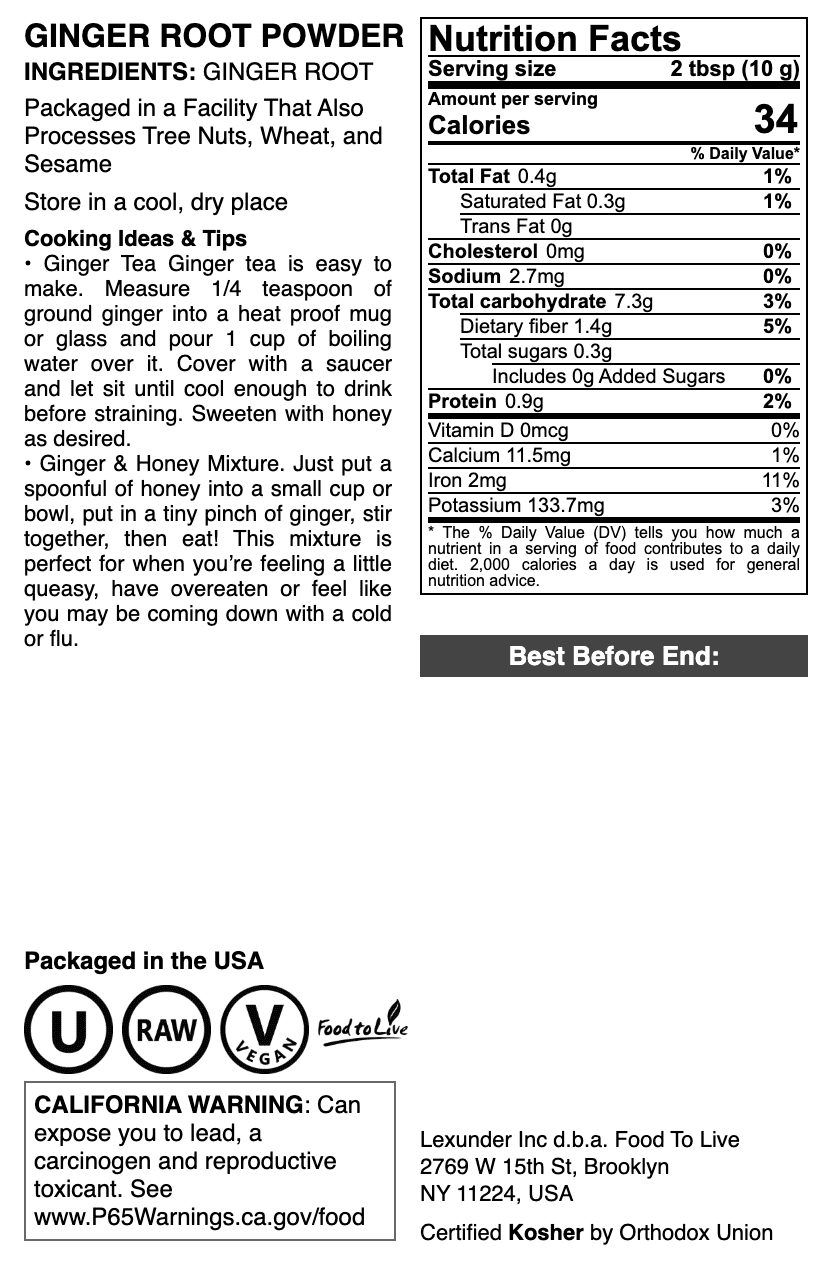 Ginger Root Powder, 12 Pounds - Raw, Vegan, Kosher - by Food to Live