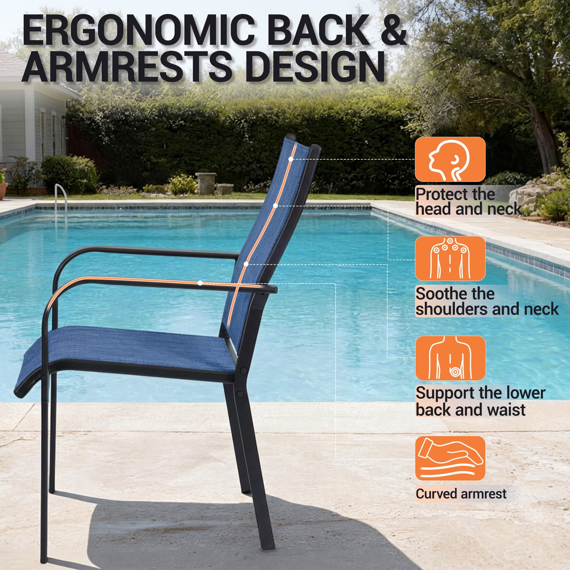 DELMANGO Patio Chairs Set of 4, Outdoor Dining Chairs High Back, All-Weather Padded Textilene DiningChair for Lawn Porch Garden, Blue