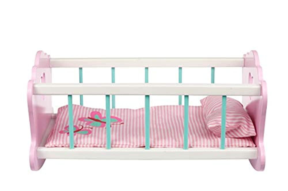 Wooden toy rocking bed cot crib with mattress white dolls toy cradle 20" 