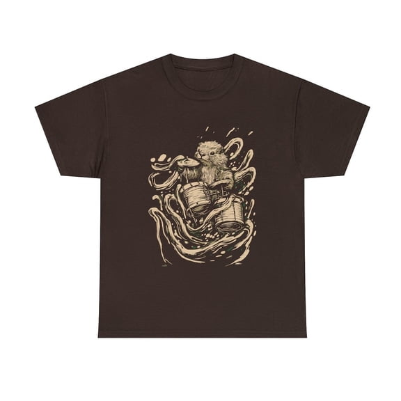 Otter Drummer T-Shirt, Funny Sea Otter Band Tee, Music Lover Animal Unisex Adult Casual Everyday Wear Size S-4XL Dark Chocolate