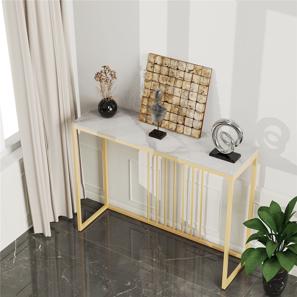 Wisfor Sintered Stone Console Table Slim Narrow Hallway Tablefor Living Room Entryway ,White 39.4x11.8x30.9in