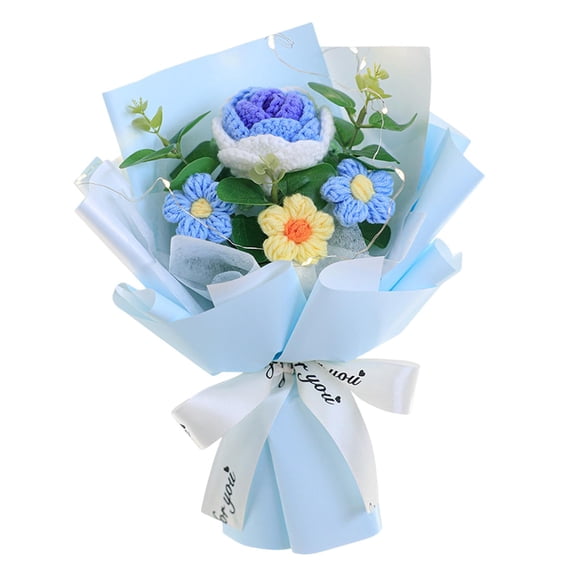 GUOOL Crochet Flower Bouquet Knitted Flowers for Festival Girl Friend Mother's Day Blue