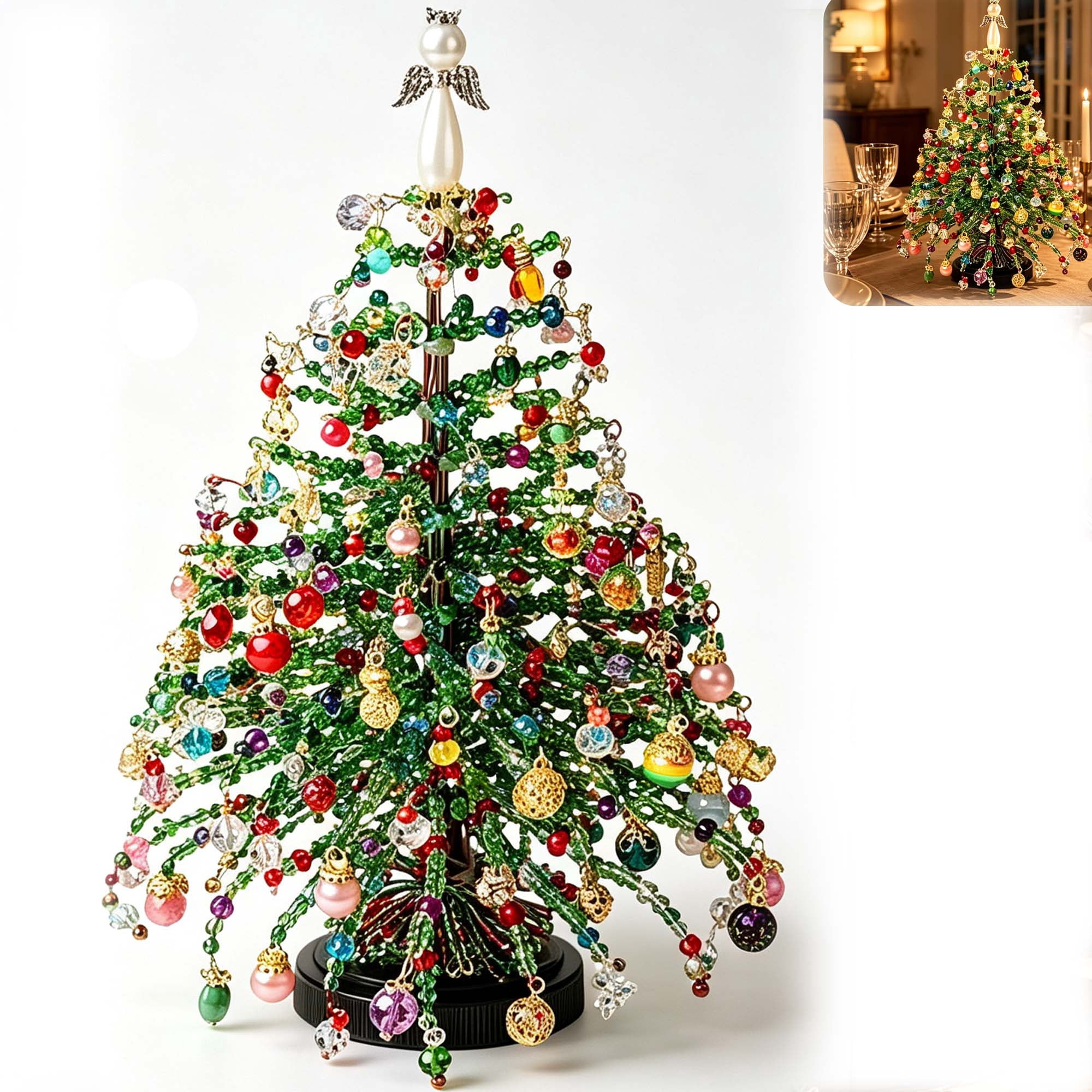 DIY Beaded Christmas Tree Kit ,Relaxing Craft Complete Beading Supplies with Metal Stand & Angel Tree Topper Tabletop Christmas Decor for Beginners