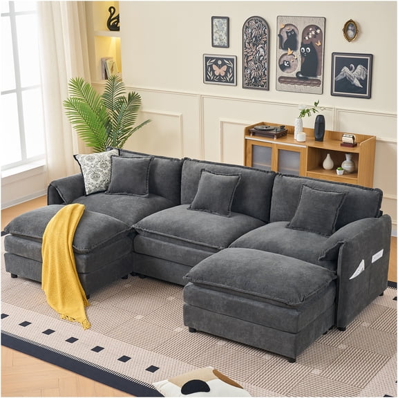 JERFIT Modern U-Shaped Sectional Sofa with Ottomans, Grey Chenille Fabric, Deep Seating Cloud Couch, Modular 5-Piece Living Room Furniture
