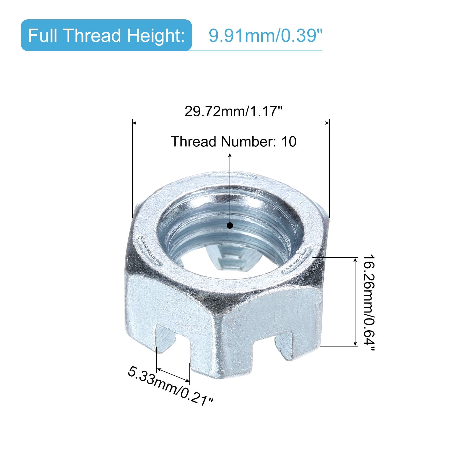 3/4"-10 Hexagon Slotted Nut, Grade 6.8 Carbon Steel Hex Nuts, Silver, 12Pack