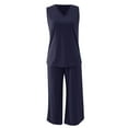 thumbnail image 4 of BLOCLOALO 2 Piece Lounge Set Sleeveless Tops Womens Daily Casual 2 Piece Solid Tank Tops Wide Leg Pants Outfits Sets Tunic Tops V Neck Blouses Travel Outfits for Women Navy L, 4 of 6