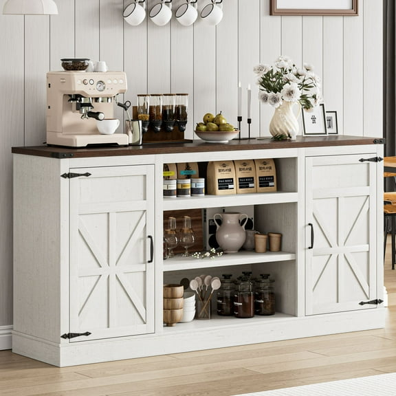 Farmhouse Coffee Bar Cabinet with Outlet USB Charging, 66'' Large Buffet Sideboard with Adjustable Shelves for Kitchen Living Room