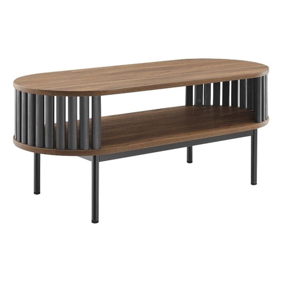 Pemberly Row Oval Wood Coffee Table with Open Storage in Walnut/Black