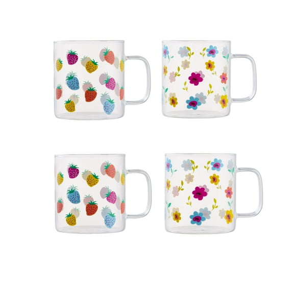 Way to Celebrate 10oz Floral Strawberry Glass Mug, 4 Packs