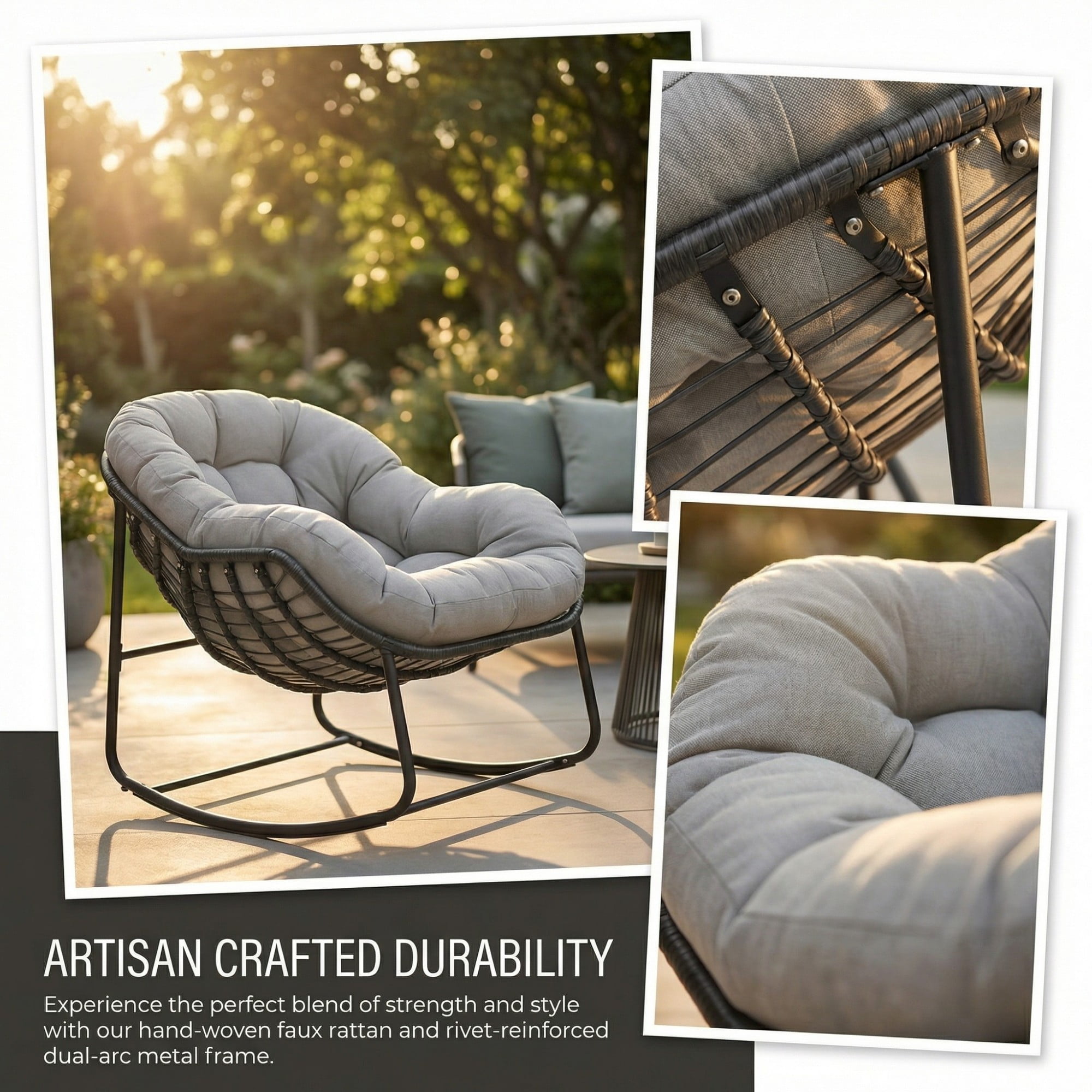 Outdoor Papasan Rocking Chair, Oversized Egg Rocking Chair with Cushion, Wicker Rattan Patio Rocker, Indoor Outdoor Lounge Chair for Porch Garden Living Room, Light Gray