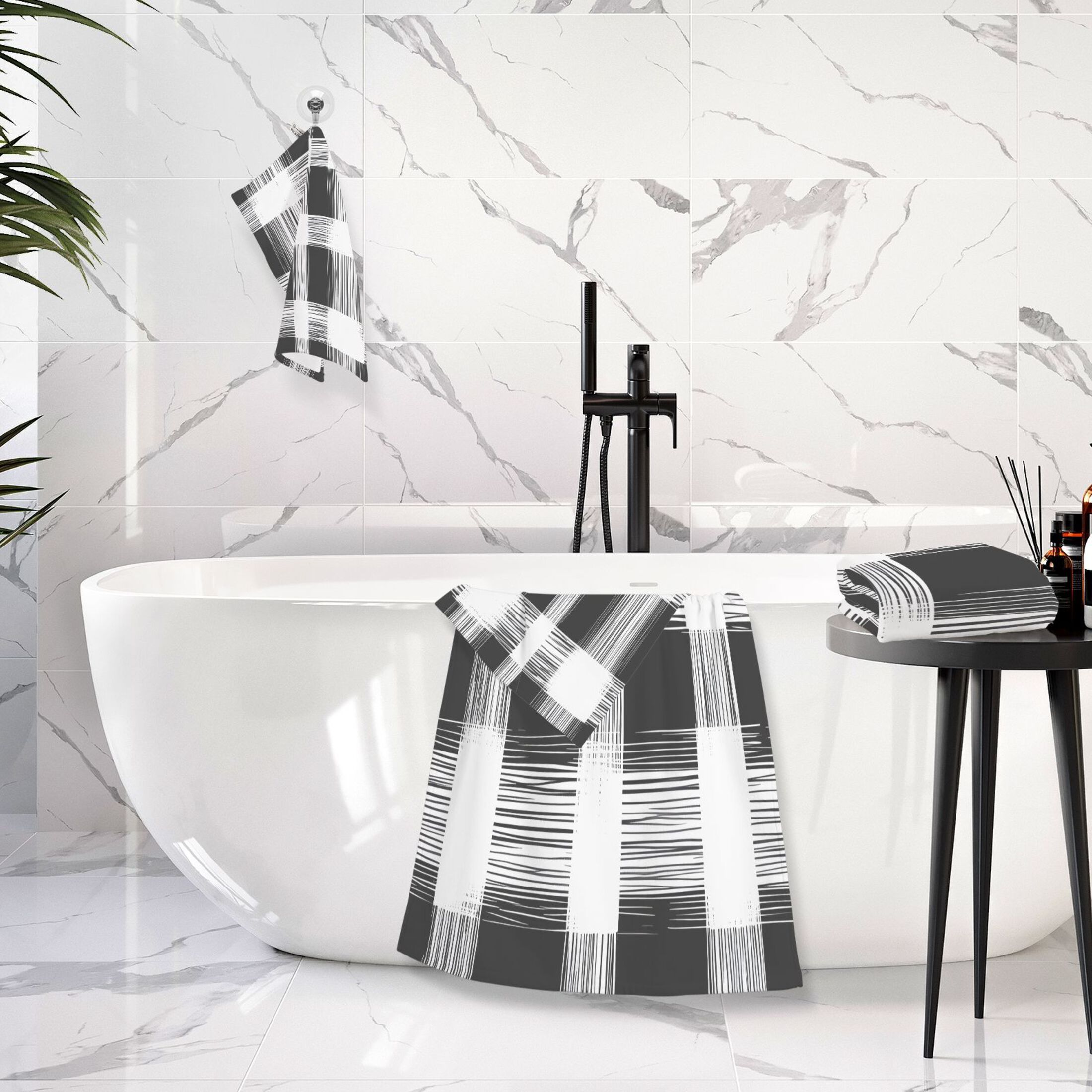 White and Black 2 Piece Cotton Bath and Face Towel Set Soft and Absorbent, for Beach Pool Bathroom