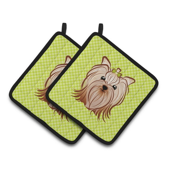 Caroline's Treasures BB1266PTHD Checkerboard Lime Green Yorkie Yorkishire Terrier Pair of Pot Holders , 7.5HX7.5W,