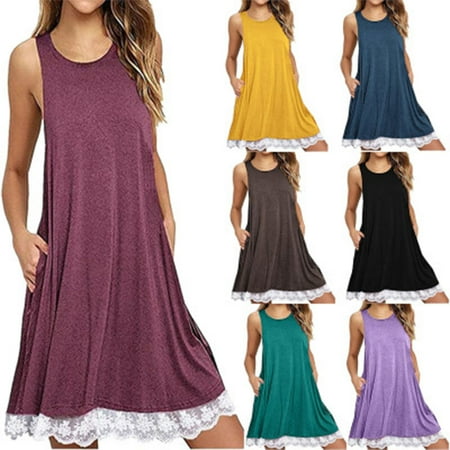 Summer Dresses for Women O Neck Casual Floral Print Pockets Lace Mini Dress Loose Party Dress