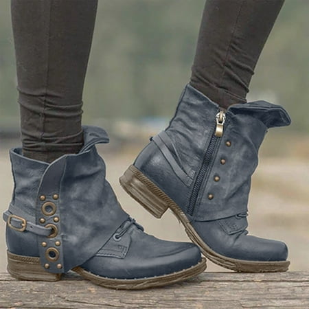 

Foraging dimple Women Leather Buckle Boots Heel Boots Large Size Side Zipper Casual Shoes Gray