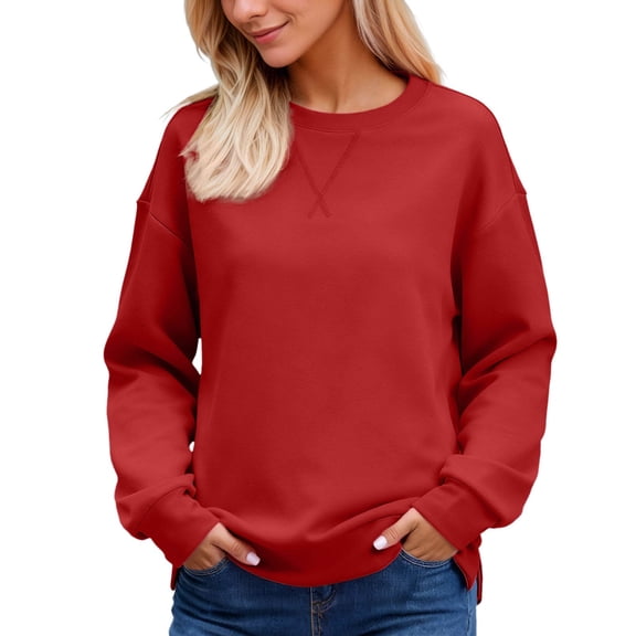 DHFJKG Womens Sweatshirt Split Hem Crewneck Long Sleeve Casual Loose Fit Pullover Fall Winter Solid Color Stylish Tops
