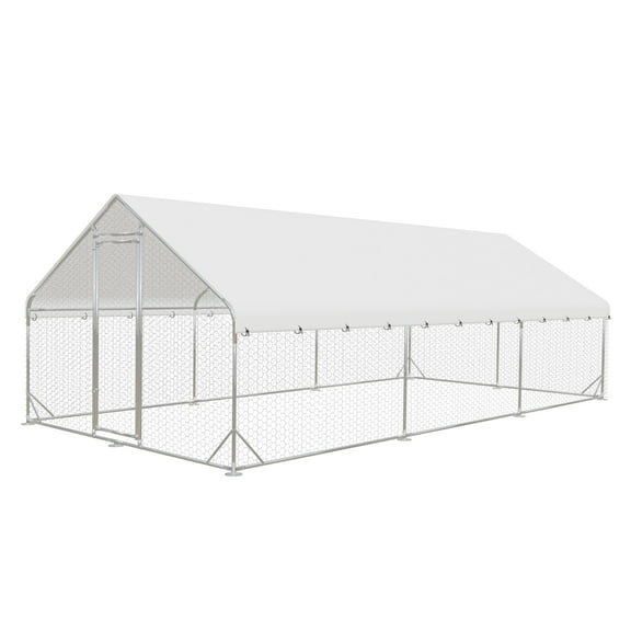 Outdoor Metal Chicken Coop,Metal Chicken Coop with Run,Walk-in Poultry Cage Spire-Shaped Chicken Run with Waterproof and Anti-Ultraviolet Cover for Outside,Backyard and Farm,19.6'x9.8'x6.4'