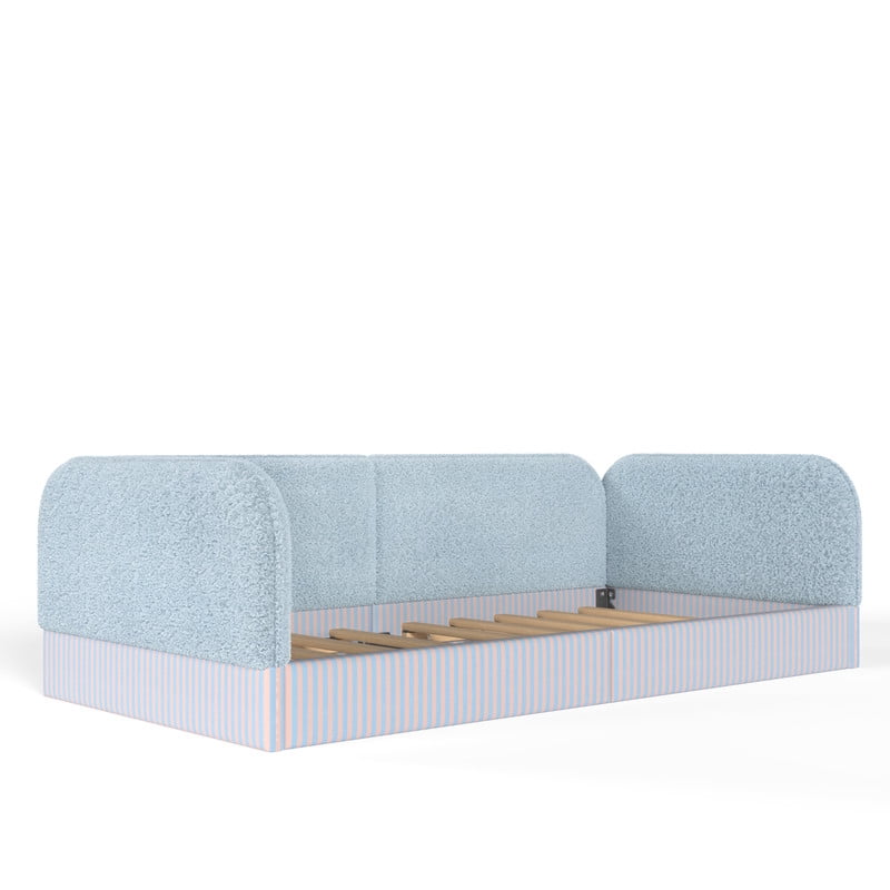 Twin Size Upholstered Floor Daybed Frame for Kids, Half-Enclosed Montessori Platform Bed with 3-Sided Surrounding Guardrails
