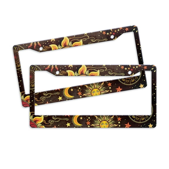 WIRESTER 6" x 12" Auto Drive License Plate Frame Cover Set of 2pcs, Celestial Sun Moon and Stars