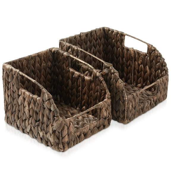 Casafield (Set of 2) Water Hyacinth Pantry Baskets with Handles - Espresso, Medium and Large Size Woven Storage Baskets for Kitchen Shelves