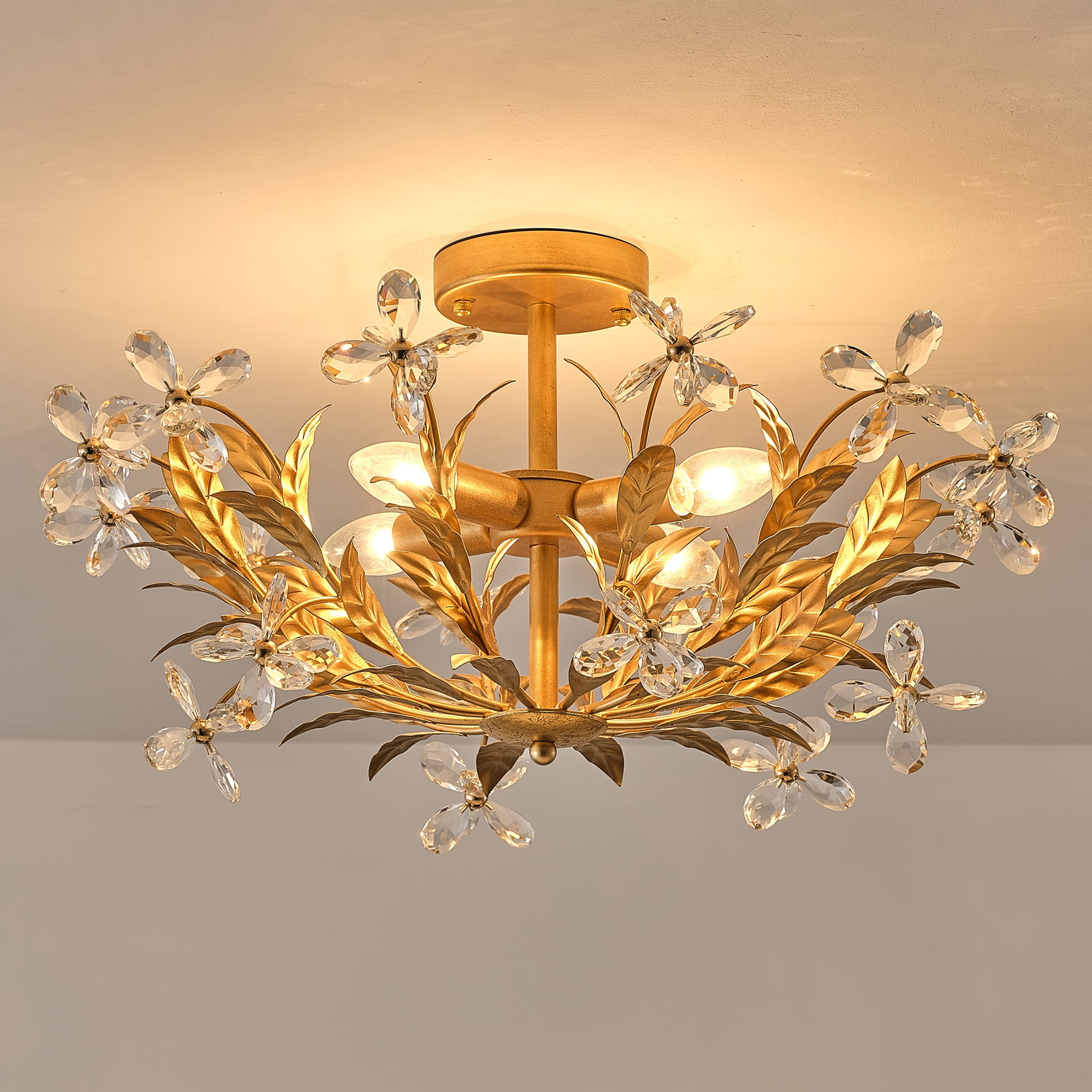 24" Antique Gold 4-Light Dimmable Crystal Semi-Flush Mount Ceiling Light, Distressed Gold Leaf Design with Crystal Flowers, for Living Room, Bedroom, Dining Room