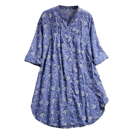 Women's Floral Printed Blouse Oversize Roll Up Sleeve Stand Collar T ...