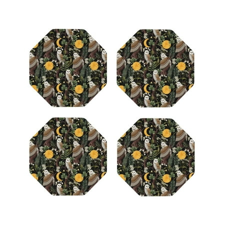 

Leather Coasters Set of 4 - Owl Moon Flowers Lightweight Non-Slip Drink Coasters for Desk Anti-Scalding Desk Cup Coasters for Office Table Decor Octagon