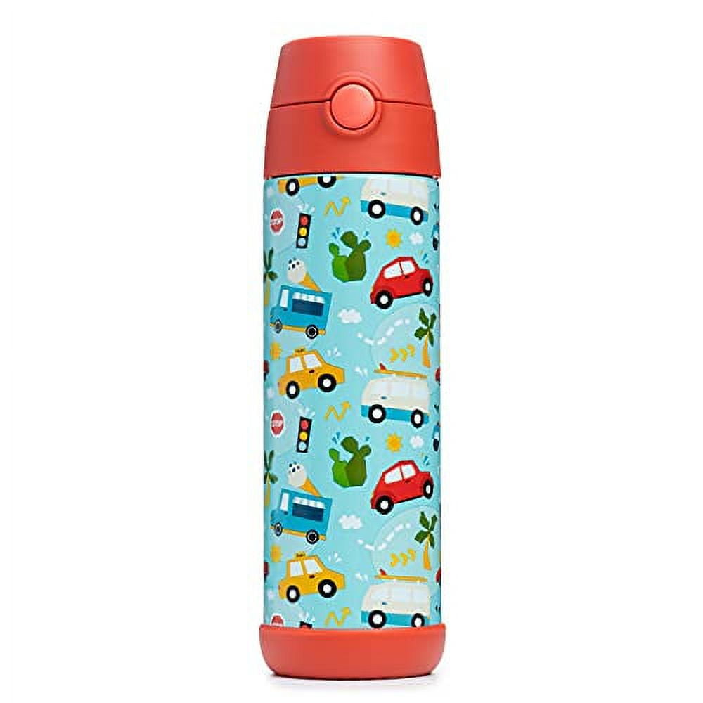 Snug Kids Water Bottle - insulated stainless steel thermos with straw  (Girls/Boys) - Cars, 17oz 