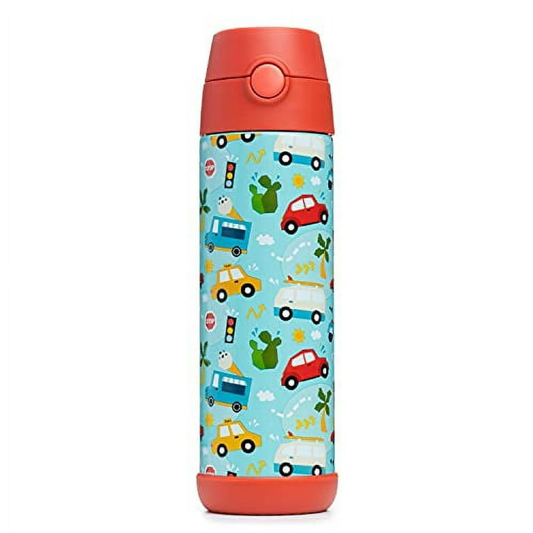 Snug Kids Water Bottle - insulated stainless steel thermos with straw  (Girls/Boys) - Monster Trucks, 17oz