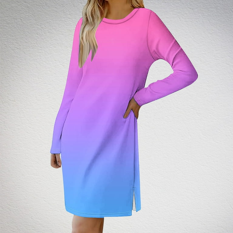 Ashirexll Casual Dresses for Women, Womens Fall Dresses, Ladies' Fashion Gradient Color Casual Long Sleeve Round Neck Fall Comfortable Split Dress,