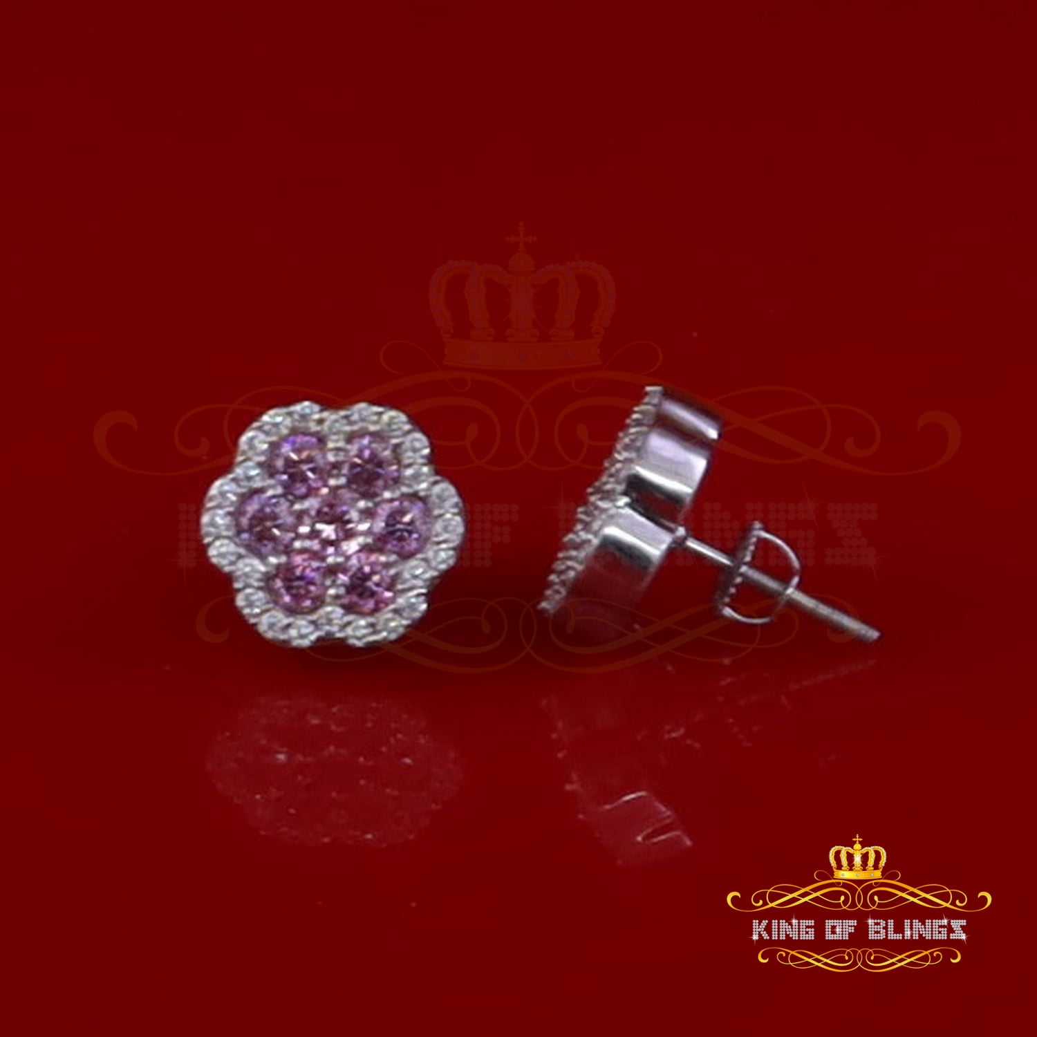 King of Bling's 925 Silver White 1.50ct VVS D Pink Moissanite Floral Men's/Women's Stud Earrings