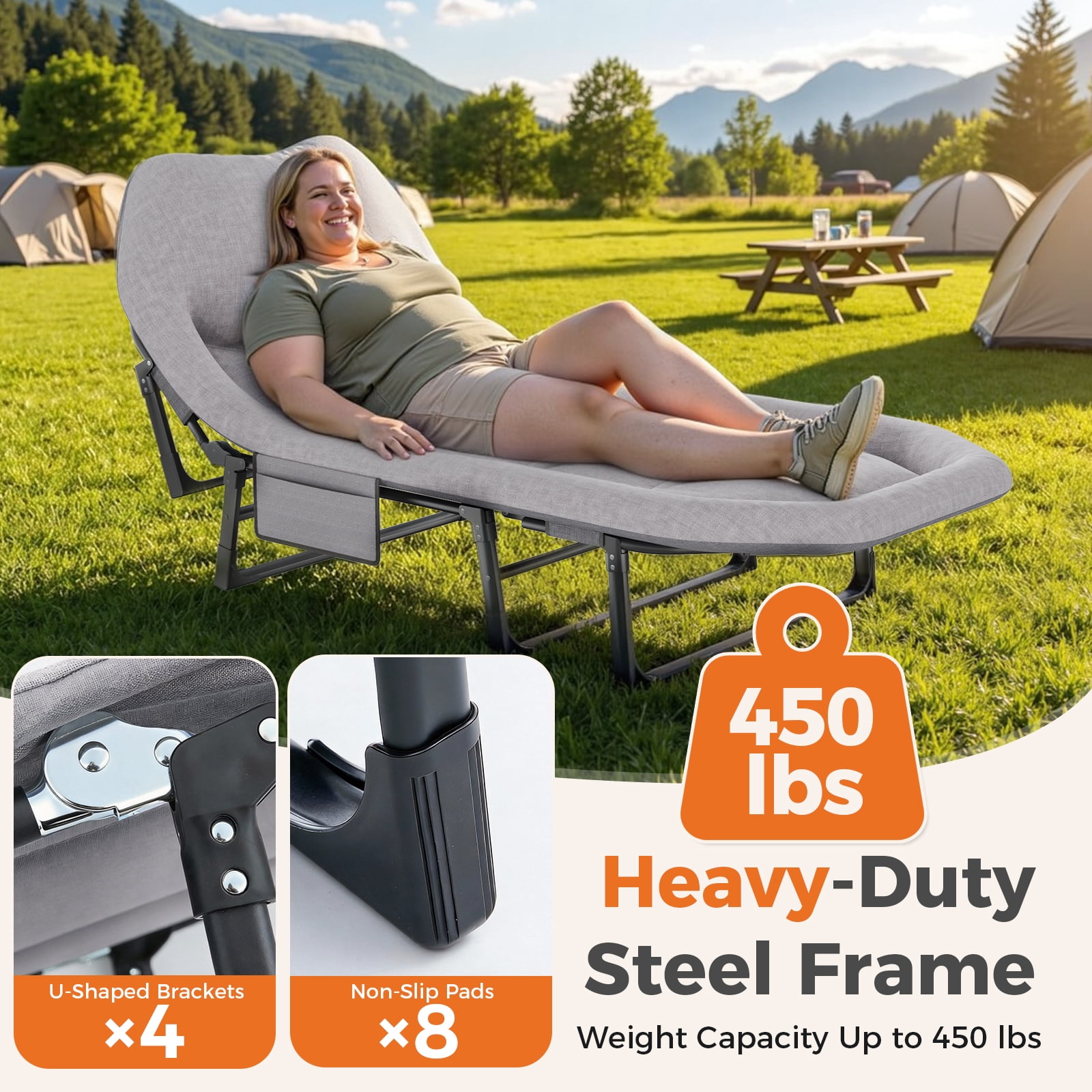 Gianna Folding Camping Bed, Adjustable Camping Cot with Mattress for Patio or Beach