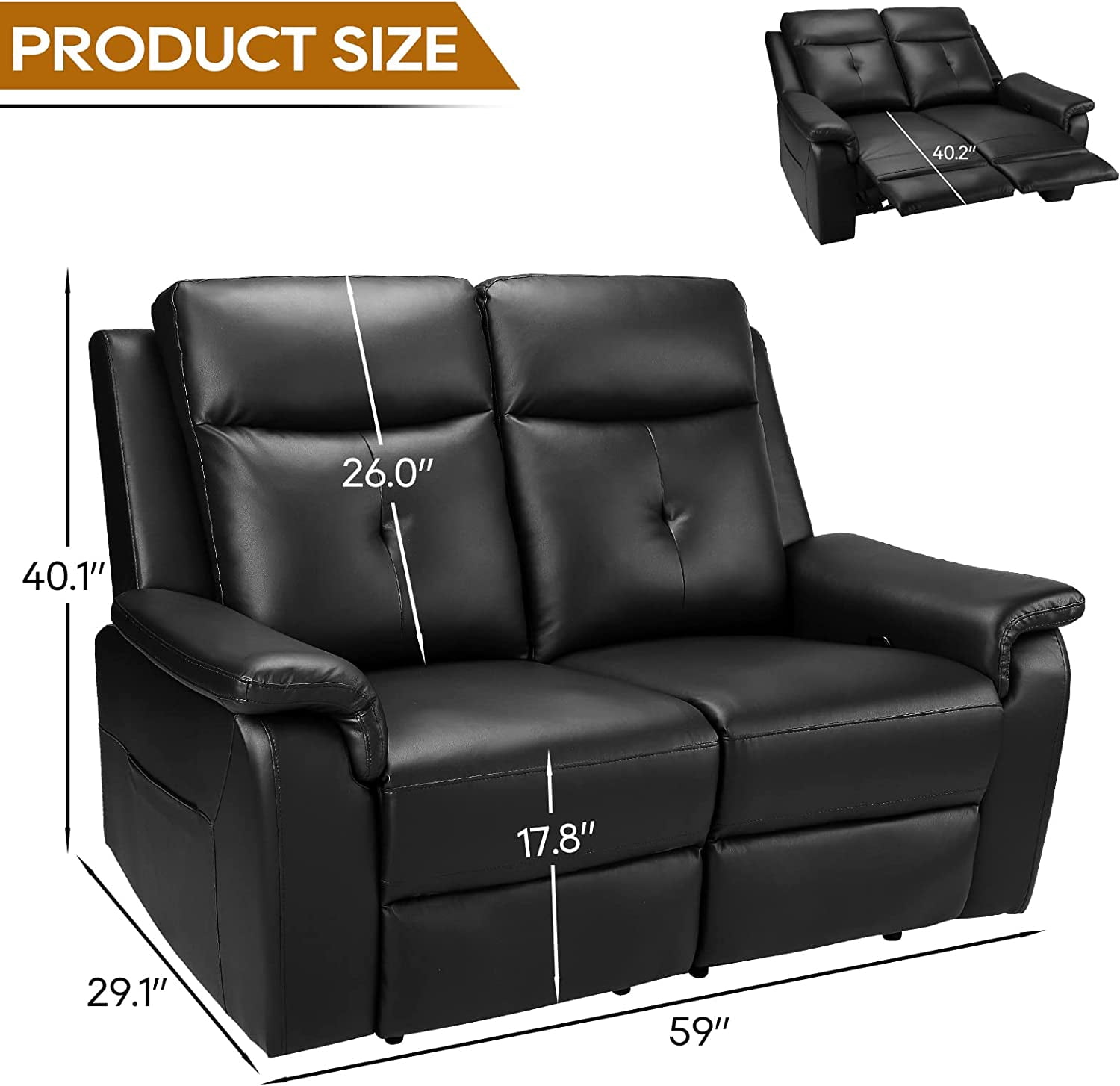 LVUYOYO Modern PU Leather Reclining Loveseat, Black