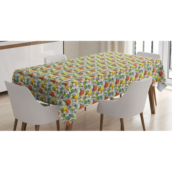 Bicycle Tablecloth, Bicycle Sketches Retro Style Geometric Shapes of Colors Hand-Drawn Like Lettering, Rectangle Satin Table Cover for Dining Room and Kitchen, 60" X 90", Multicolor, by Ambesonne
