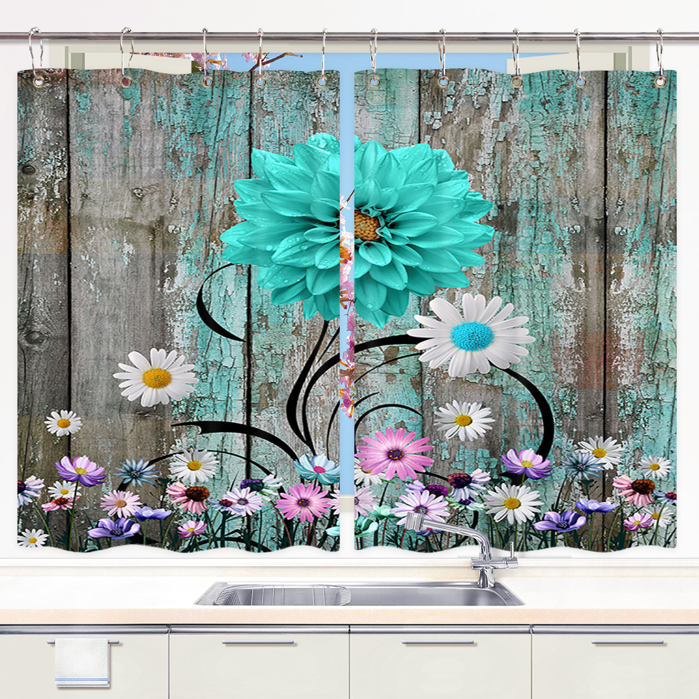 Rustic Teal Floral Kitchen Curtains, Farmhouse Turquoise Blue Flower