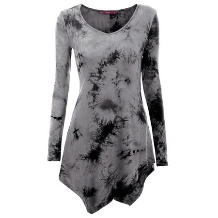 Doublju Womens Long Sleeve Tie-dye Asymmetrical Tunic Top
