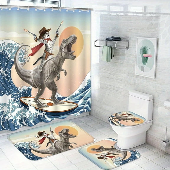 1 Pcs Dinosaur Cat Shower Curtain Sets Funny Shower Curtain Set are You Pooping Shower Curtain Sets Bathroom Decor with 12 Hooks Cat-C 66"x72"