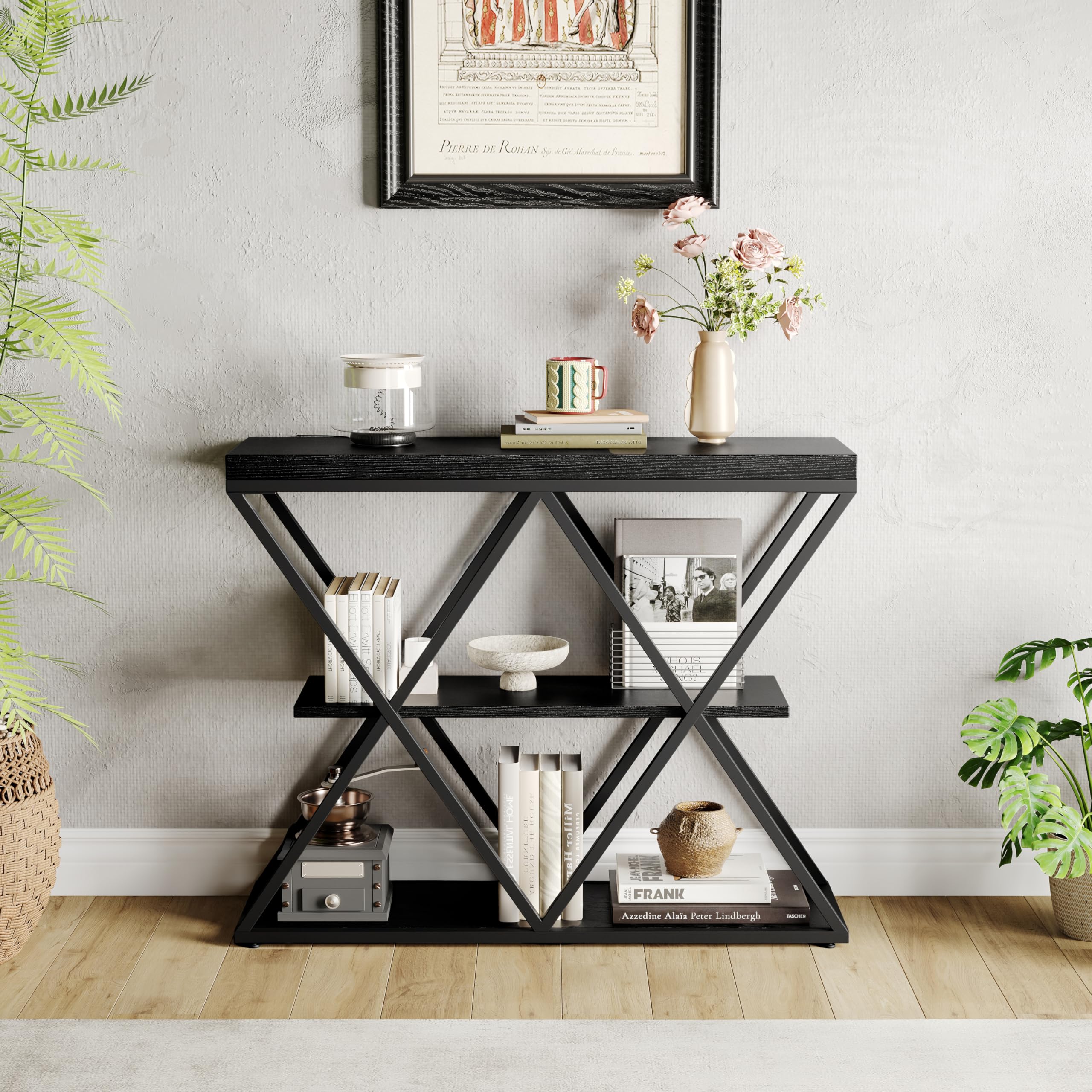 3-Tier Industrial Entryway Console Table - X-Shaped Metal Frame & Open Storage Shelves, Ideal Hallway Accent Table