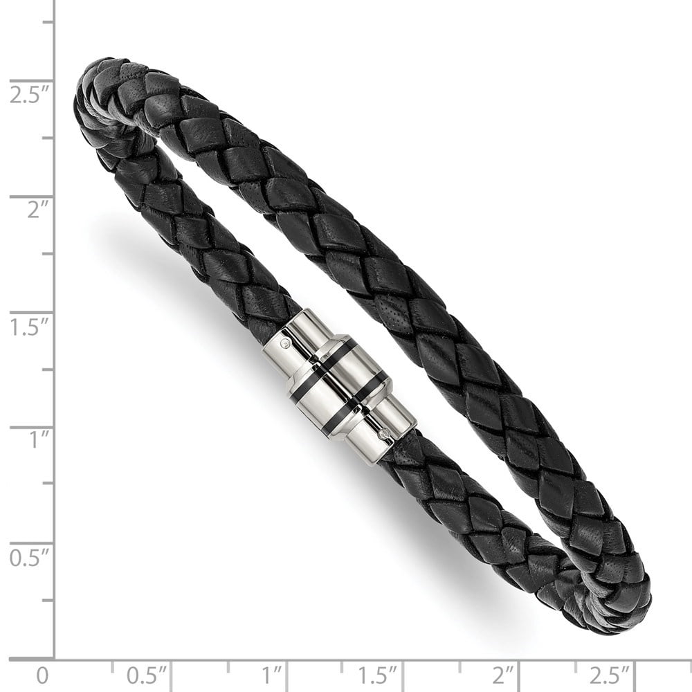 Diamond2Deal Stainless Steel Polished Black IP-Plated Black Braided Leather Bracelet for Men 9"
