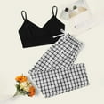 thumbnail image 2 of Summer 2 Pieces Outfits for Women Casual V Neck Spaghetti Straps Crop Camis and Plaid Drawstring Pants Tracksuits, 2 of 8